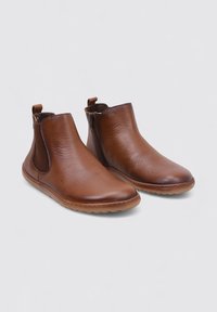Brown leather ankle boots with a smooth texture, elastic side panels, and a rounded toe. Features a low, flexible rubber sole.