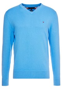 Helles blaues Sweatshirt aus weichem Strickstoff, mit V-Ausschnitt, langen Ärmeln und gerippten Bündchen und Saum. Logo-Akzente auf der Brust.