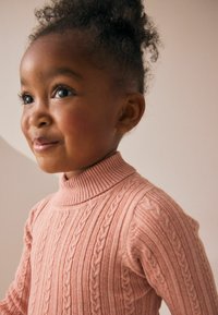Helles rosa Strickpullover mit hohem, geripptem Kragen und strukturiertem Kabelmuster, ausgestattet mit langen Ärmeln und einer figurschmeichelnden Passform. Glatte, weiche Textur.