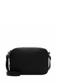 Černá kožená crossbody taška s hladkým povrchem, obdélníkovým tvarem, zipovým uzavíráním a nastavitelným ramenním páskem.