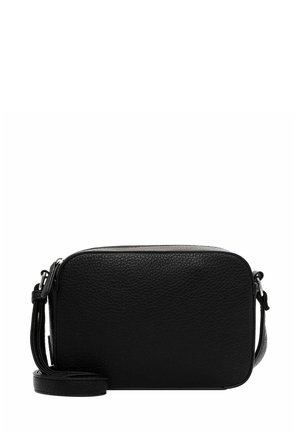 Sac en cuir noir en bandoulière avec une texture lisse, forme rectangulaire, fermeture éclair et une bandoulière réglable.