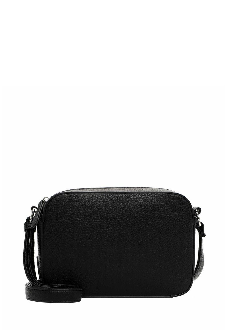 Černá kožená crossbody taška s hladkým povrchem, obdélníkovým tvarem, zipovým uzavíráním a nastavitelným ramenním páskem.