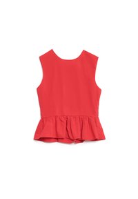 Top peplum vermelho, sem mangas, com decote redondo. Tecido suave com uma aba rodada na bainha, cor sólida, sem padrões ou adornos.