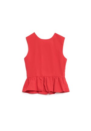 Red peplum top, sleeveless with a round neckline. Smooth fabric with a flared ruffle at the hem, solid color, no patterns or embellishments.