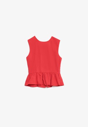 Top peplum vermelho, sem mangas, com decote redondo. Tecido suave com uma aba rodada na bainha, cor sólida, sem padrões ou adornos.