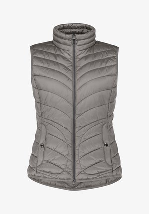 Gesteppte graue Weste mit hohem Kragen, Reißverschluss vorne und Seitentaschen. Verfügt über geschwungene Steppmuster und eine leichte, glatte Textur.