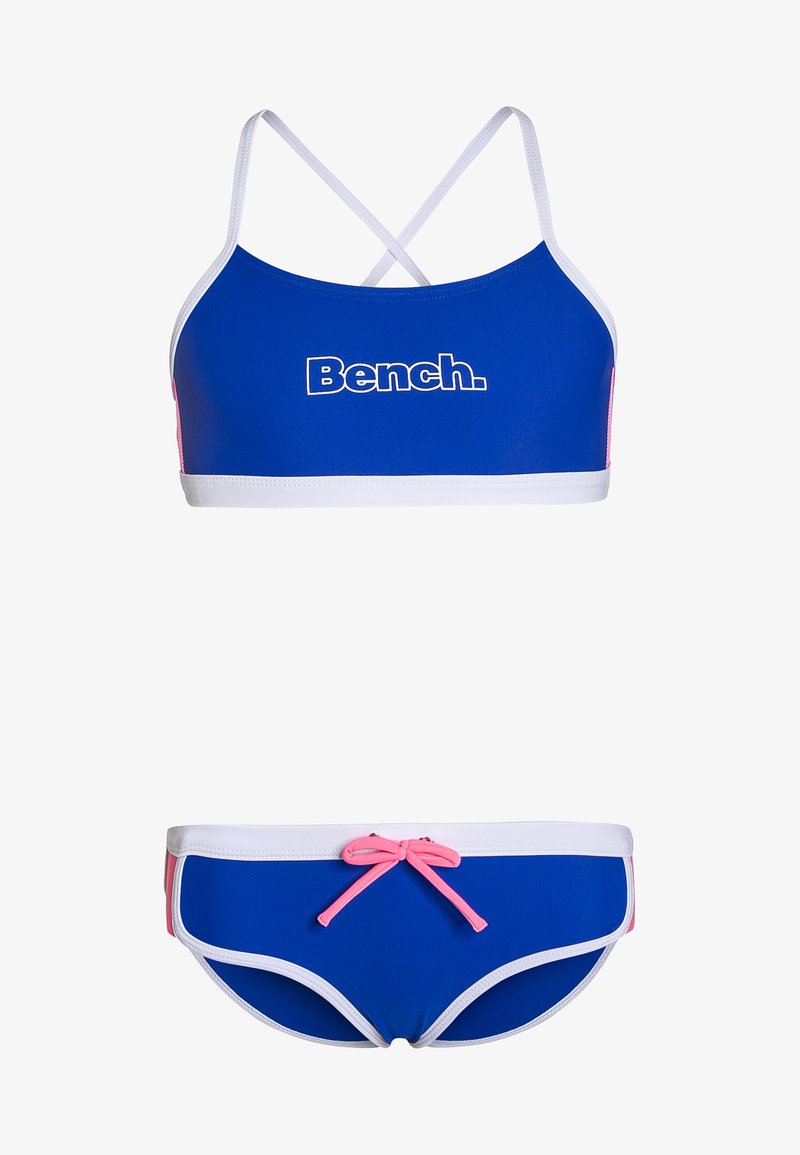 Set di bikini blu con top a incrocio sul retro, rifinito con bordi bianchi e logo 'Bench.', abbinato a slip coordinati arricchiti da lacci rosa e pannelli laterali.