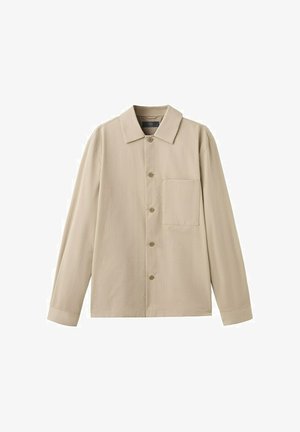 Beige long-sleeve button-up shirt with a collar and single chest pocket, displayed on a plain white background.