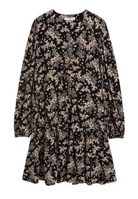 Schwarzes Blumenkleid mit langen Ärmeln, ausgestattet mit einem V-Ausschnitt und einem gerafften Taillenbereich. Das Design enthält kleine beigefarbene Blumen und einen gestuften Saum.