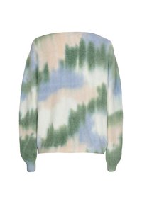 Gebreide trui met een tie-dye patroon in groene, blauwe en perzikkleurige tinten. Zachte textuur met een relaxte pasvorm en geribbelde manchetten.
