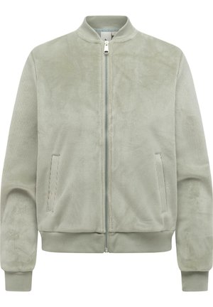 Jasnoszara bomberka z sztruksu z przednim zamkiem błyskawicznym, prążkowanym kołnierzem, mankietami, dolnym wykończeniem oraz dwoma bocznymi kieszeniami.