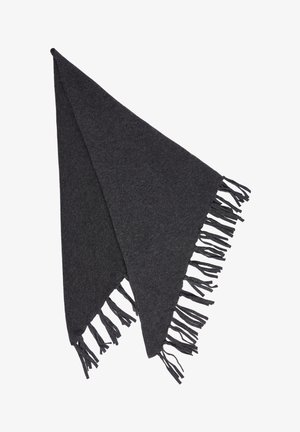 Ciemnoszara trójkątna chusta wykonana z miękkiego materiału, z frędzlami po bokach dla dodatkowej tekstury. Lekka konstrukcja, idealna do wszechstronnego użytku.