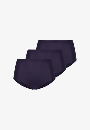 Set van drie hoge tailleslips in donker marineblauw, met een gladde textuur en minimalistisch ontwerp zonder zichtbare naden of patronen.