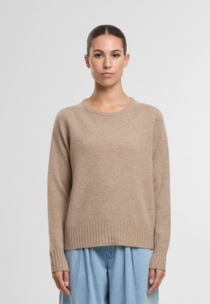 Beige gestrickter Pullover mit Rundhalsausschnitt und geripptem Saum, der lange Ärmel und eine lockere Passform aufweist. Weiche Textur mit einem subtilen Glanz.