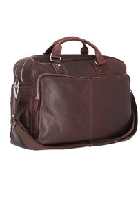 Cartella in pelle marrone con maniglie superiori doppie, tracolla rimovibile, numerosi scomparti con zip e superficie liscia.
