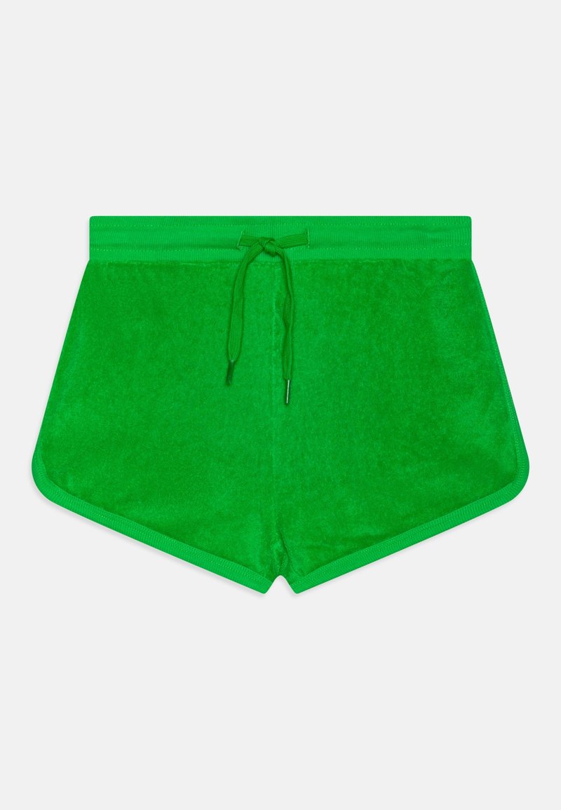 Shorts en éponge verts avec une ceinture à cordon, présentant une texture lisse et un galon contrastant le long des bords.