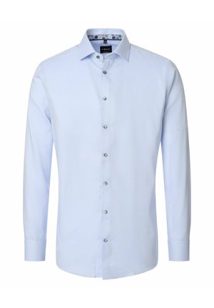 Hellblaues Herrenhemd mit langen Ärmeln, durchgehender Knopfleiste und klassischem Kragen, versehen mit einem gemusterten inneren Kragen.