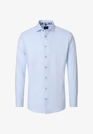 Hellblaues Herrenhemd mit langen Ärmeln, durchgehender Knopfleiste und klassischem Kragen, versehen mit einem gemusterten inneren Kragen.