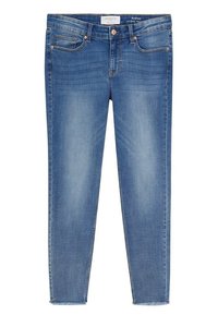 Jeans skinny de denim azul oscuro con cinco bolsillos, cierre frontal de cremallera y botón, lavado desvanecido y detalle de dobladillo deshilachado.