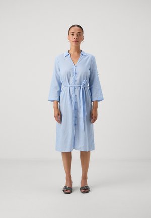 Light blue striped dress with a button-up front, collar, three-quarter sleeves, and a tied belt at the waist. Minimalist design, knee-length.
