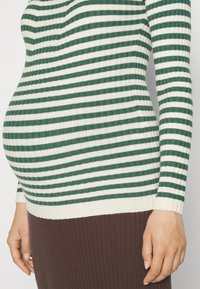 Maglione a righe verdi e bianche, dal design aderente, texture morbida, maniche lunghe, abbinato a una gonna textured marrone scuro.