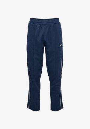 Marineblauwe sportbroek met elastische tailleband, witte zijstrepen en klein wit "hummel" logo op de rechterdij.