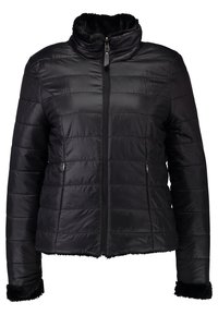 Svart pufferjacka med dragkedja framtill, med en krage och manschetter av konstpäls, quiltad design och två sidofickor. Slätt, glänsande material.