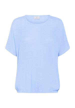 Svetlo modra kratka majica s kratkimi rokavi z okroglo izrezom, sproščenim krojem in nabranim robom. Izdelana iz mehkega, gladkega, lahkega materiala.