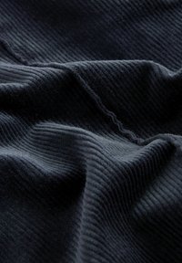 Navy blue corduroy fabric with vertical ridges, showcasing a textured surface and soft, slightly fuzzy feel. Rich color and depth visible.