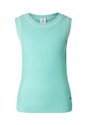 Bezruký pletený top světle zelené barvy s krémovým lemováním na podpaží a výstřihu, s malou značkovou visačkou blízko spodního lemu.