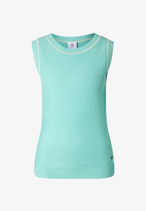 Ærmeløs mintgrøn striktop med cremefarvet kant rundt om ærmegab og halsudskæring, med et lille mærke fra mærket nær bundkanten.