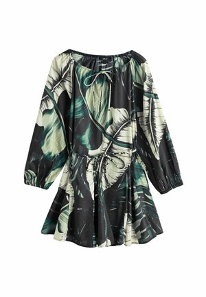 Schwarzes Kleid mit großem grünem Blattmuster, elastischem Ausschnitt, langen Ärmeln und Kordelzug in der Taille. Ausgestellter Rock mit glatter Textur.
