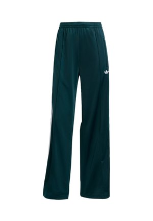 Pantaloni sportivi di un verde scuro realizzati in tessuto leggero, caratterizzati da un design semplice, vita elastica e dettagli laterali bianchi.