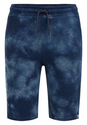 Marineblaue Batik-Shorts mit elastischem Bund und schwarz-weißem Kordelzug, mittellanger Schnitt, lässiger Stil.