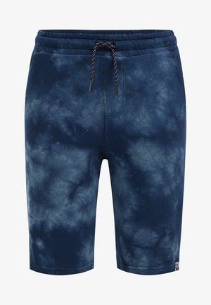 Granatowe szorty tie-dye z elastycznym pasem i czarno-białym sznurkiem, o średniej długości, w stylu casual.