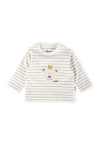 Maglietta a maniche lunghe a righe in crema e beige, con grafica di un orso con una corona. Realizzata in tessuto morbido con chiusure a scatto sulla spalla.