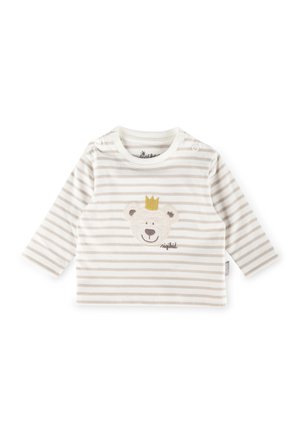 Gestreifte langärmlige Bluse in Creme und Beige, mit einem Bärenmotiv und einer Krone. Hergestellt aus weichem Stoff mit Druckknöpfen an der Schulter.