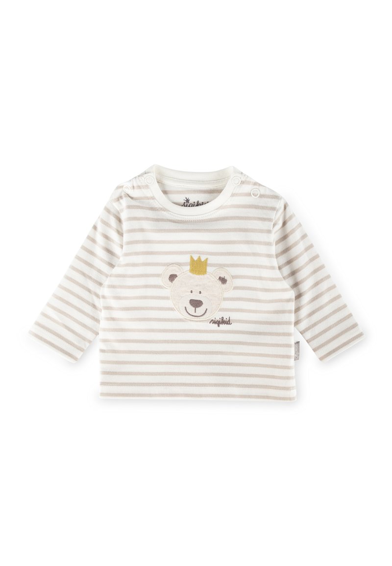 Maglietta a maniche lunghe a righe in crema e beige, con grafica di un orso con una corona. Realizzata in tessuto morbido con chiusure a scatto sulla spalla.