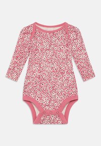 Bodysuit rosa de Manga Larga con un patrón de flores blancas, cuello redondo y botones a presión en la parte inferior para facilitar el vestido.