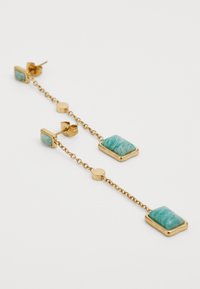 Gold-tone drop earrings with aqua stone accents in rectangular settings, featuring a chain-link design and stud backing.