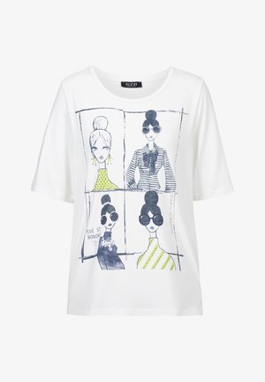 White T-shirt with four illustrated women wearing sunglasses, striped and polka-dot clothes, with text "Rue St Honore" and "Paris Fashion".