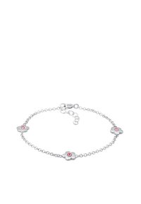 Bracelet en chaîne argentée avec trois charms en forme de fleur ornés de pierres précieuses roses au centre. Fermoir ajustable pour un ajustement personnalisé.