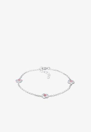 Silberne Kettenarmband mit drei blumenförmigen Charms, die pinke Edelsteine in der Mitte haben. Verstellbarer Verschluss für eine individuelle Passform.