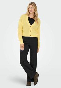 Dzeltena adīta kardigāna ar dziļu V-veida kakla izgriezumu, trīs lielām pogām un garām piedurknēm, saskaņota ar melnu platām kājām biksēm un brūnām potīšu botēm.