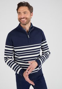 Pull rayé bleu marine et blanc avec un col zippé, des poignets et un ourlet côtelés. Présente des rayures verticales en haut et horizontales en bas.