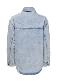 Veste en denim bleu clair vue de dos, dotée d'un col classique, de manches longues avec poignets boutonnés et d'un ourlet droit.