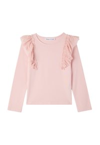 Camicia a maniche lunghe color rosa chiaro con dettagli arricciati sulle spalle. Tessuto morbido con scollatura tonda semplice e vestibilità normale.