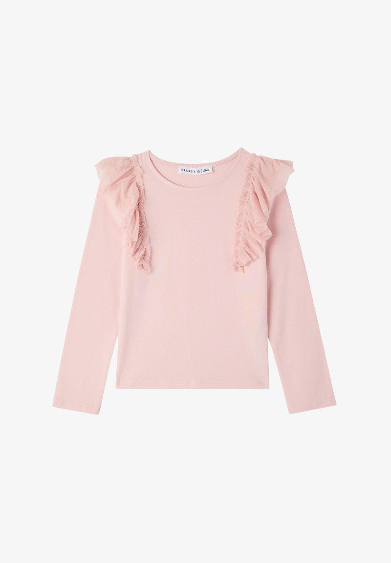 Camicia a maniche lunghe color rosa chiaro con dettagli arricciati sulle spalle. Tessuto morbido con scollatura tonda semplice e vestibilità normale.