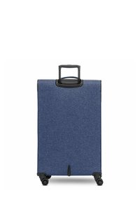 Blauwe stoffen koffer met een gestructureerd oppervlak, zwarte wielen en een uitschuifbare handgreep. Minimalistisch ontwerp, zonder zichtbare patronen of accenten.