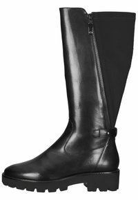 Knee-high black boots with a shiny leather front, soft fabric back, side zipper, and rugged rubber sole with tread for traction.